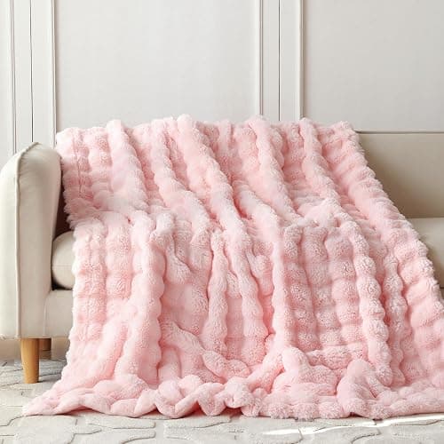 COOVA Faux Fur Throw Blanket for Couch, Cozy Soft and Fuzzy Plush Rabbit Fur Bubble Blanket for Sofa Bedroom Living Room, 50x60 Inches Light Pink thumbnail 2