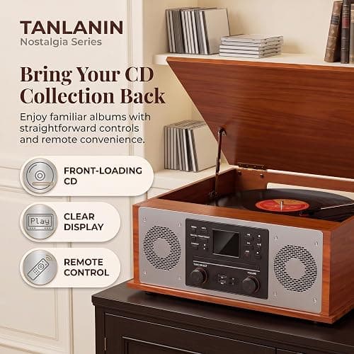 10 in 1 Bluetooth Record Player All-in-One Multimedia Center | Stereo Speakers, CD Player, Internet Radio, 3-Speed Turntable, Clock, Alarm, USB Recording, RCA Out, LCD Display, Red Wood thumbnail 9