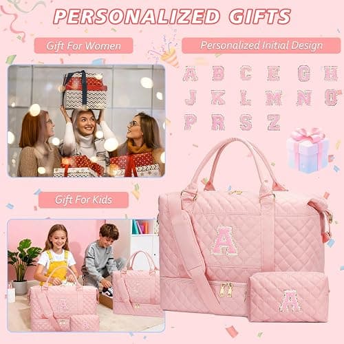 CLOUDWINGS Girl Gift-Women Birthday Gifts-Gifts for Teenage Girls Initial Travel Duffle Bag Quilted Weekender Overnight with Cosmetic Bag, Gym Bag with Shoe Compartment Personalized Bag, Pink A thumbnail 3