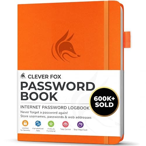 Clever Fox Password Book with alphabetical tabs. Internet Address Organizer Logbook. Small Pocket Password Keeper for Website Logins (Orange) - Image 1