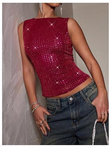 OYOANGLE Women's Sparkly Rhinestone Shirt Sleeveless Crew Neck Tanks Rave Top Concert Outfits thumbnail 4