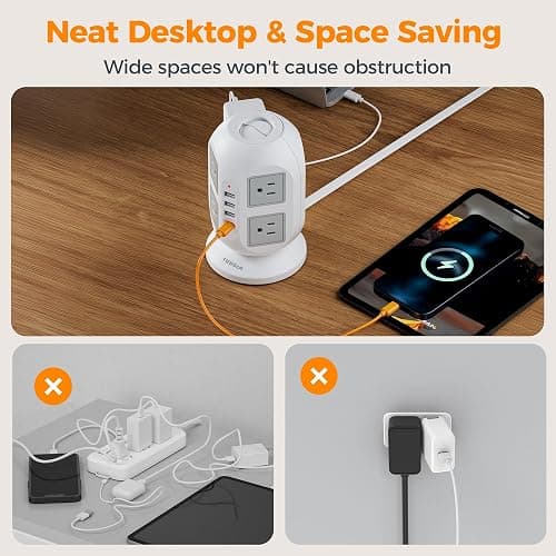 TESSAN Tower Surge Protector Power Strip, 10 ft Long Flat Extension Cord | 8 AC Outlets with 4 USB Ports (1 USB C), Charging Station with Surge Protection, for Home Office Dorm Room Essentials thumbnail 8