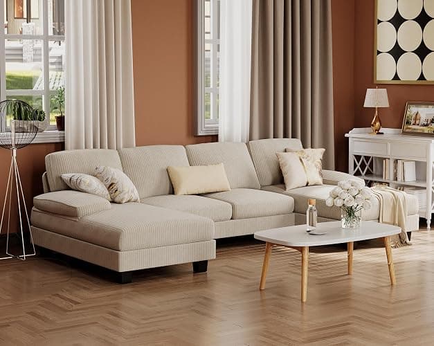 Furmax Sectional Couches for Living Room, Corduroy, Beige | U-Shaped Sofa Couch with Linen Fabric, 4 Seat Sofa Set with Double Chaise for Apartment thumbnail 7