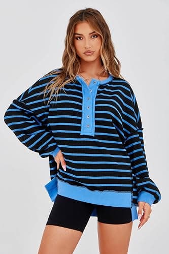 Tankaneo Womens Oversized Striped Sweatshirts Henley Shirts Color Block Casual Pullover Waffle Knit Tops thumbnail 5