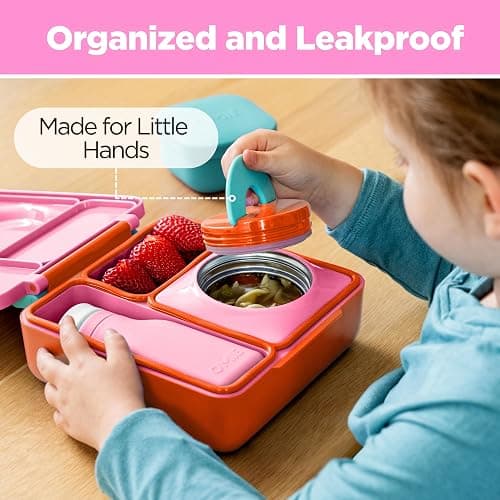 OmieBox Bento Box for Kids - Insulated Bento Lunch Box with Leak Proof Vacuum Insulated Food Jar - 3 Compartments, Two Temperature Zones (Pink Berry) thumbnail 6