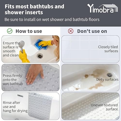 Yimobra Non Slip Bathtub Mat 40"x16", Super Strong Suction Cups, Extra Long Shower Mat with Drain Holes, Machine Washable Fast Draining Bathroom Floor Mat, Clear Grey thumbnail 6