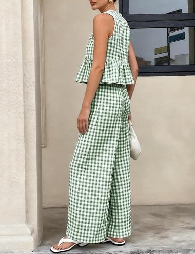 Tanming Women's 2 Piece Set Outfits Gingham Plaid Tank Tops Wide Leg Pants Matching Lounge Sets thumbnail 4