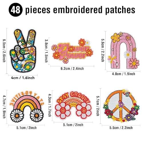TACVEL 48Pcs Hippie Vintage Iron on Patches Assorted Styles Retro Aesthetics Embroidered Patches, Sew on/Iron on Patches for Clothes Dress Pants Hats Jeans, Applique DIY Accessory thumbnail 3