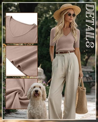 Riyiper 3 Pack Women's Half Sleeve Top Elbow Length Ribbed Cotton T Shirt Women V Neck Summer Tee Slim Fit Casual Blouses thumbnail 3