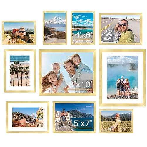 FIXSMITH 10 Pack Picture Frames Collage Wall Decor for Mounting or Tabletop Display, Gallery Wall Frame Set with Two 8x10 Gold Frames, Four 5x7 and Four 4x6 Frames, Multi-Pack Photo Frame Set - Image 1