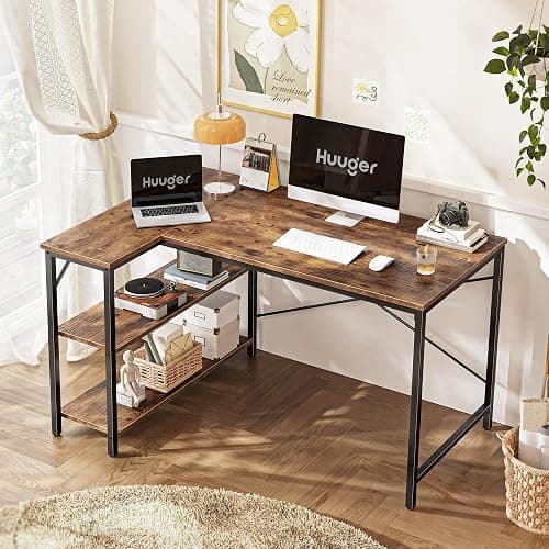 Huuger 47 Inches L Shaped Desk, Computer Desk with Reversible Storage Shelves, for Gaming Corner Home Office Writing Study, Metal Frame, Rustic Brown thumbnail 2