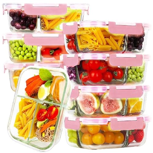 8 Pack 3 Compartment 36oz Large Glass Meal Prep Containers with Lids | Borosilicate Glass Lunch Containers with Locking Lid, Airtight Bento Box, Snack Boxes, Portion Control, BPA-Free - Image 1