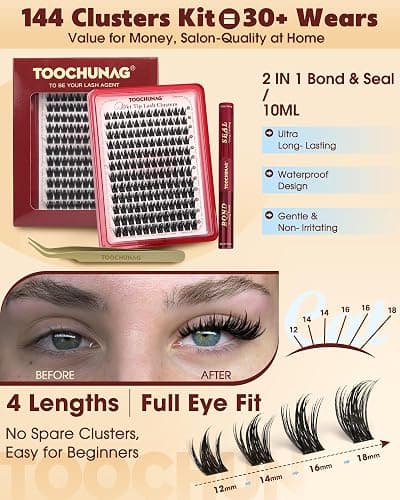 TOOCHUNAG Lash Clusters Kit 12-18mm Manga Eyelash Clusters Kit 144pcs Thick Anime Lashes Clusters Volume Individual Lash Extension Kit Spiky Cluster Eyelashes Extensions with Lash Bond,Seal,Tweezers thumbnail 5