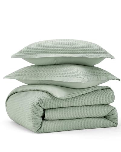Bedsure Cotton Duvet Cover Queen - 100% Cotton Waffle Weave Sage Green Duvet Cover Queen Size, GentleSoft™ and Breathable Bedding Set for All Season, 3 Pieces, 90"x90" thumbnail 9