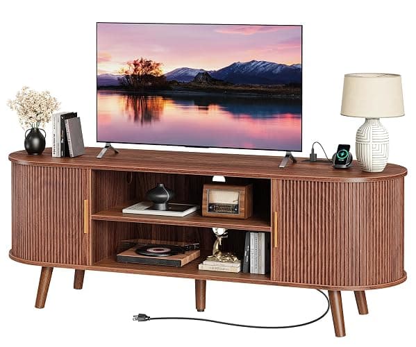 PRAISUN 54 Inch Fluted TV Stand for TVs up to 55 Inch, TV Media Console with Power Outlets and USB-C Port, Entertainment Center with Storage, Curved Sliding Doors, Adjustable Shelf, Brown thumbnail 9