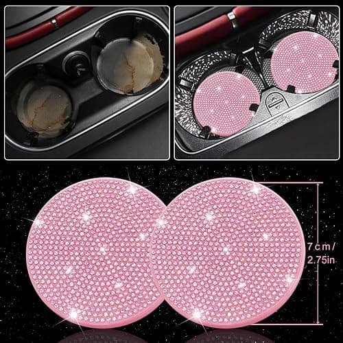 NBTEPEM 30 Pcs Pink Bling Car Accessories Set for Women, Pink Steering Wheel Cover Set, Bling Console Cover, Seat Belt Cushion, Shift Knob Cushion, Cup Coaster, Rhinestone Car Hanging Accessories thumbnail 7