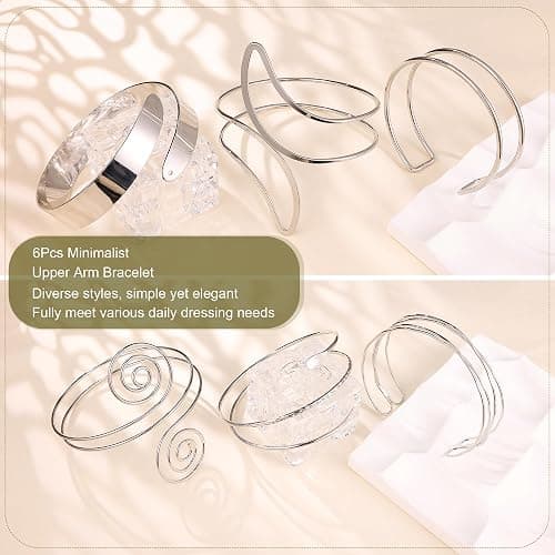 Vegolita 6Pcs Boho Coil Arm Cuff Bangle Set - Adjustable Minimalist Open Arm Cuff Armlet Armband thumbnail 3