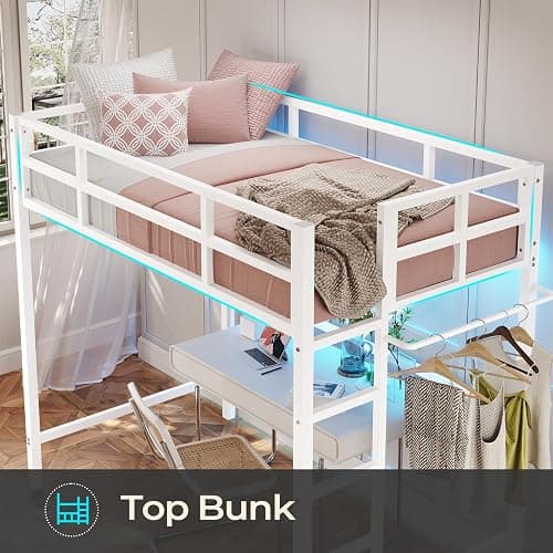 DICTAC Loft Bed Twin Size with Ladder and Guardrail,Metal Twin Loft Bed for Kid/Teen with Led Lights,Small Space Saving Furniture Design for Bedroom,Kid Room and Dorm,No Box Spring Needed, White thumbnail 6