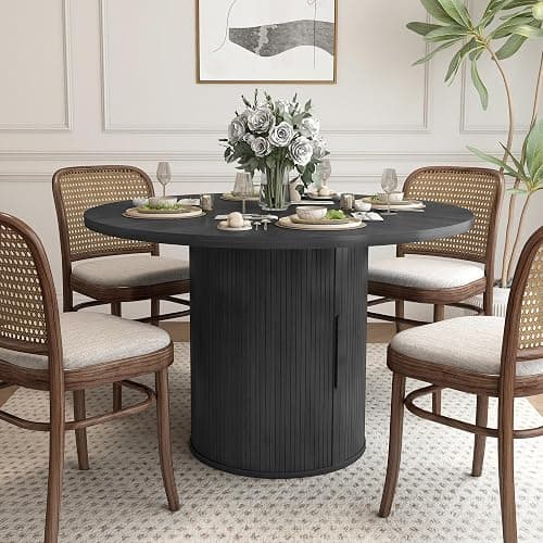 weselon 47 inch Round Dining Table for 4, Kitchen Table Dinner Table with 2-Layer Storage Shelf and Wood Slide Door for Home Dining Room Living Room (Black) thumbnail 7