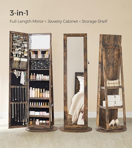 SONGMICS 360° Swivel Jewelry Cabinet, Lockable Jewelry Organizer with Full-Length Mirror, Rear Storage Shelves, Interior Mirror, Jewelry Armoire, Gift Idea, Rustic Brown UJJC006X01 thumbnail 4
