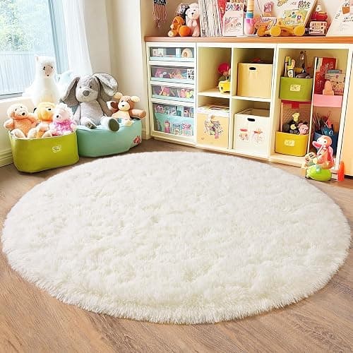 Quntue 3'x3' Cream Round Rugs for Girls Bedroom, Ultra Soft Fluffy Circle Rug for Kids Room, Cute Small Shag Rugs for Living Room Playroom Tent Castle Home Decor Rug thumbnail 4