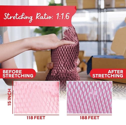 Pink Honeycomb Packing Paper for Moving 15-Inch x 118-Feet Bubble Honeycomb Wrap, Honeycomb Wrapping Paper for Packing Cushion with 30 Fragile Stickers Packing Supplies by Xfasten thumbnail 5