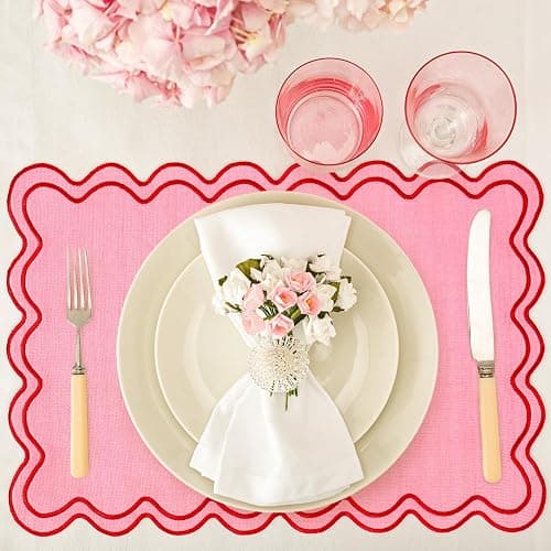 Whaline Pink Red Placemats Embroidered Scalloped Kitchen Place Mats for Wedding Baby Shower Party Home Dining Table Decor, Set of 6, 13 x 19 in thumbnail 5