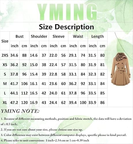 YMING Womens Lapel Faux Fur Collar Jacket Double Breasted Wool Blend Trench Coat Midi Swing Peacoats with Belt thumbnail 4