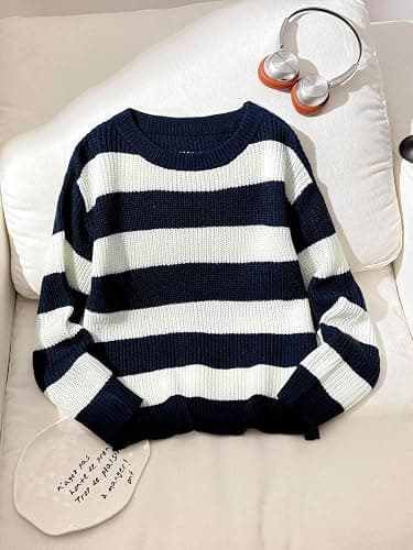 BEAUDRM Girl's Vintage Striped Sweater Long Sleeve Oversized Cute Pullovers Sweaters thumbnail 4