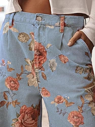 loveimgs Women Mid Rise Cropped Wide Leg Jeans Baggy Floral Ankle Pants Denim Capris Flare Print Boho Palazzo Jeans Boyfriend thumbnail 5