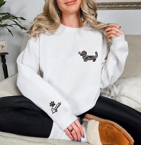 Personalized Embroidered Dachshund Quarter Zip Sweatshirt with Dog Name on Sleeve, Crewneck Sweatshirt, Wiener Dog Gift, Dachshunds Sweater for Women thumbnail 2