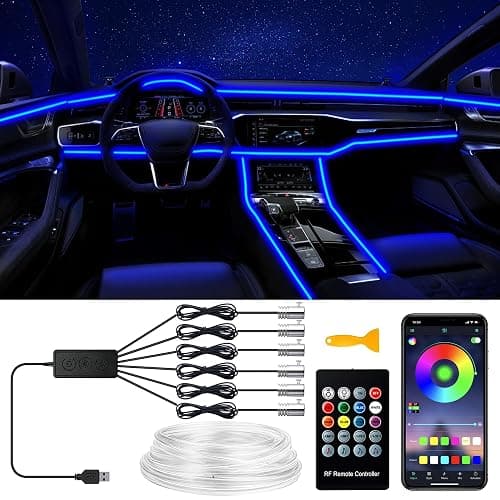 Interior Car LED Strip Lights, RGB 6 in 1 Ambient Lighting Kits with 315 inches Fiber Optic, 16 Million Colors Music Sync USB Car Interior Lights with Wireless APP/Button/RF Remote Control (6 in 1) - Image 1