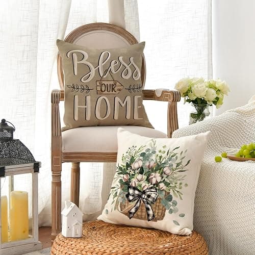 AVOIN colorlife Bless Our Home Farmhouse Eucalyptus Leaves Throw Pillow Covers, 18 x 18 Inch Truck Home Sweet Home Cushion Case Decorations Set of 4 thumbnail 4