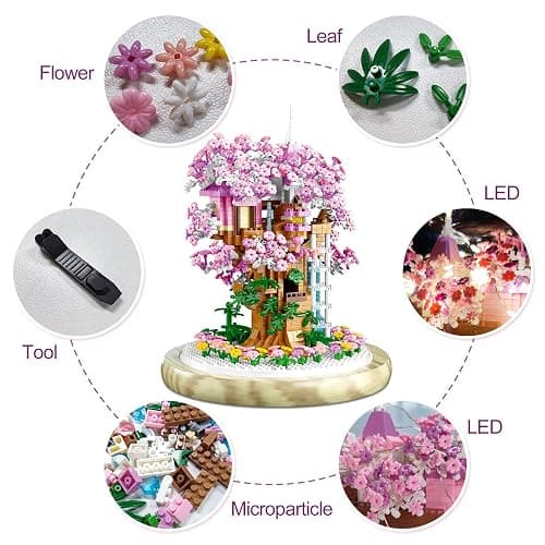 Insgen Cherry Blossom Bonsai Tree House Building Flowers Set for Adults, 1382 Pcs Micro-Particle Ideas Sakura Tree Building Blocks, Complete with String Lights, Dust Cover, and Wooden Base thumbnail 4