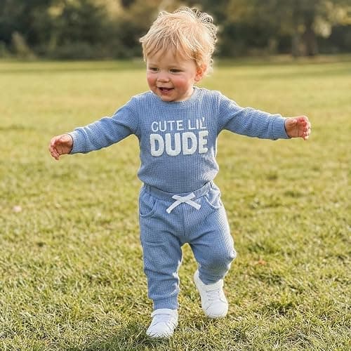Adobabirl Baby Boy Fall Winter Clothes Cute Lil's Dude Embroidery Long Sleeve Romper Pants Set Newborn Waffle Knit Outfits thumbnail 3