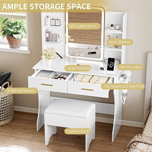 Vanity Desk with LED Lights Mirror & Power Outlet, Small Makeup Vanity Table Set with Storage Drawers & Chair, 3 Lighting Modes & Adjustable Brightness, Dressing Table for Women Girls Bedroom, White thumbnail 6