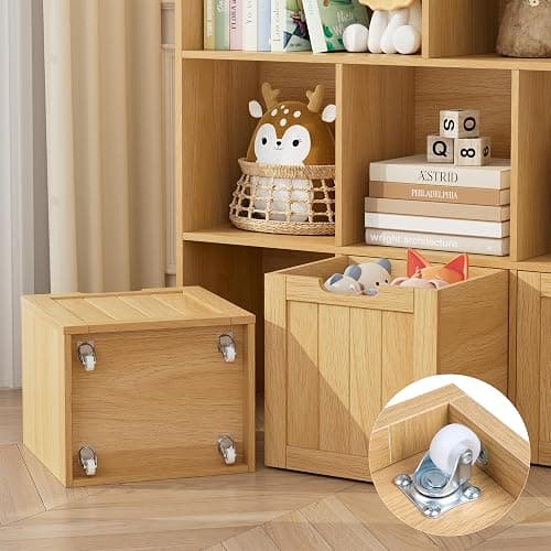 FOTOSOK Toy Storage Organizer with 3 Movable Drawers, Floor Storage Cabinet Toy Chest with Hidden Wheels and 5 Storage Cubbies, Multifunctional Storage Chest for Playroom, Natural thumbnail 6