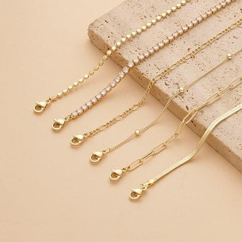 DEARMAY Waterproof Gold Bracelets Set for Women Trendy, Dainty 14K Real Gold Plated Jewelry Fashion Stackable Tennis Beaded Figaro Herringbone Paperclip Link Bracelet Pack Stack Gifts for Women - 6Pcs Gold Bracelets C thumbnail 8
