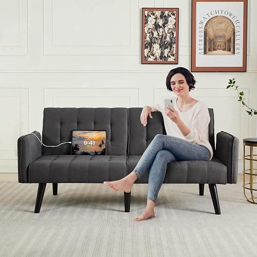 TYBOATLE 65“ Convertible Futon Sofa Bed w/ 2 USB, Upholstered Tufted Small Adjustable Folding Couch Loveseat, Modern Mid Century Sleeper Sofa for Living Room, Bedroom, Apartment, Office (Dark Grey) - Dark Grey thumbnail 9