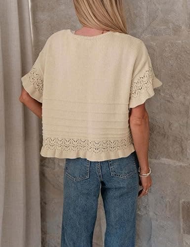 Yeokou Womens Short Sleeve Sweater Round Neck Ruffled Hem Knit Crochet Pullover Summer Fall Casual Top Blouse thumbnail 4