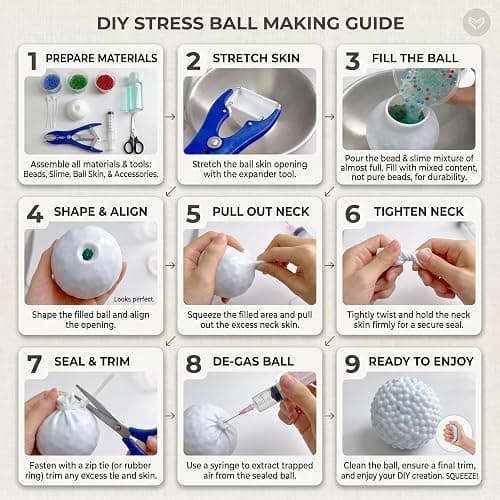 DIY Stress Ball Making Kit -15 Pcs Empty TPR Skins with 4 Types of Fillers, Expander and Vacuum Tool Squishy Maker Set for ASMR Sensory Relief Customizable Fidget Toy for Adult Office & Anxiety thumbnail 8