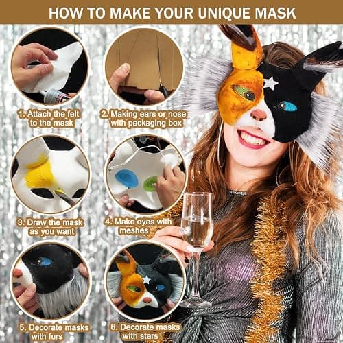 OPPKIE Cat Fox Therian Masks 42PCS with Felt Furs Eye Meshes and Stars, Costume Furry Masks to Paint, Animal Mask Arts Crafts Kit, Dress Up DIY for Halloween Christmas Cosplay Party Interaction thumbnail 3