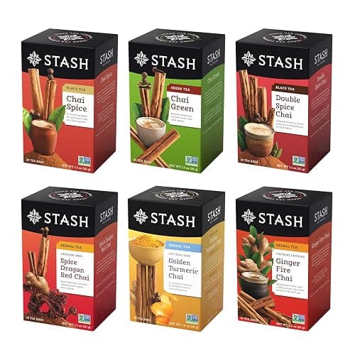Stash Tea Chai Tea Variety Pack Sampler Assortment - Caffeinated, Non-GMO Project Verified Premium Tea with No Artificial Ingredients, 18-20 Count (Pack of 6) - Image 1