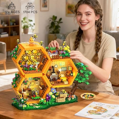 INSOON Farm Bee House Building Set with Lights, 1704PCS Honey Cabin Building Block Kit with Flowers Botanical Animals, Treehouse Construction Model Home Decor, Toy Gift for for Adults Boys Girls 12+ thumbnail 2