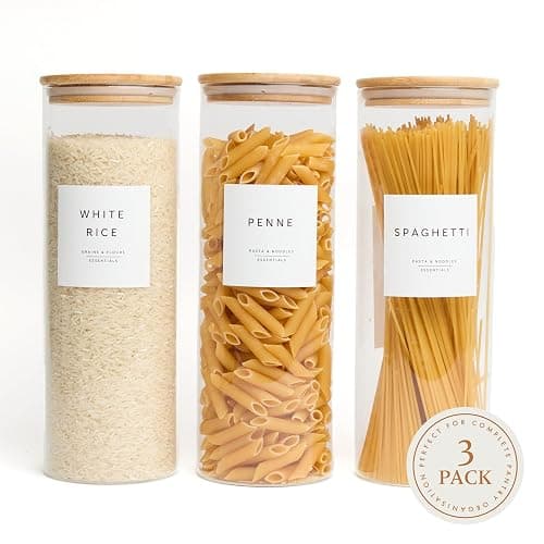 Livabl Set of 3 Glass Pantry Storage Containers with Lids- 12 Pantry Labels– (70oz) Glass Canisters with bamboo lids-Perfect Rice, Cereal, Flour, Pasta, Oats, food storage -Airtight-kitchen canisters - Image 1