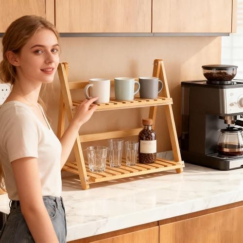 HORIBND Coffee Station Organizer, Matcha Station, Foldable Bamboo Mug Holder for Countertop, Tea & Coffee Bar Accessories, 2 Tier Shelf for Kitchen Counter Organizer, Matcha Stand, Spice Rack thumbnail 6