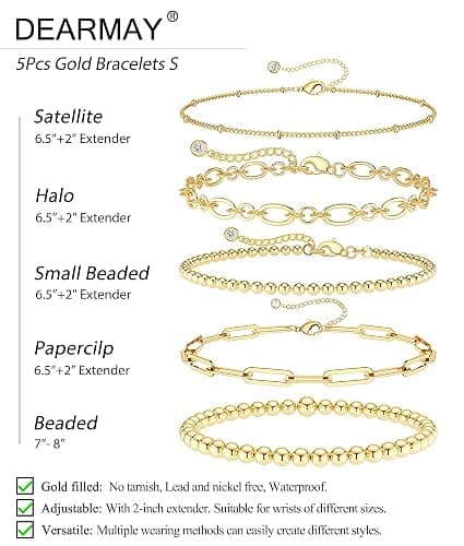 DEARMAY Waterproof Gold Plated Bracelets Set for Women Trendy, Dainty 14K Gold Jewelry Fashion Stackable Tennis Beaded Figaro Herringbone Paperclip Link Bracelet Pack Stack Gifts for Women thumbnail 5