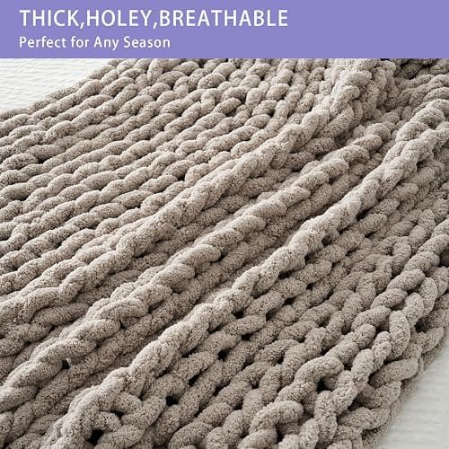 Bigacogo Chunky Knit Throw Blanket for Couch, 40x60 inches, 100% Hand Knitted with Thick Jumbo Chenille Yarn, Cozy Soft Large Rope Knot Cable Crochet Blankets for Sofa Bed Living Room, Taupe thumbnail 5