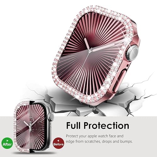 KADES Bling Case for Apple Watch 46mm with Built-in Screen Protector Women | PC+Electroplated, Tempered Glass, Shockproof Bumper, Sparkling Rhinestones Gift, for Series 11 10 (46mm, Pink) thumbnail 5