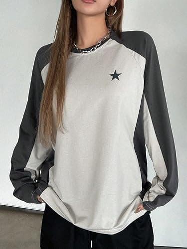 SHENHE Women's Color Block Crew Neck Star Graphic Raglan Shirt Loose Long Sleeve Tee Top thumbnail 6